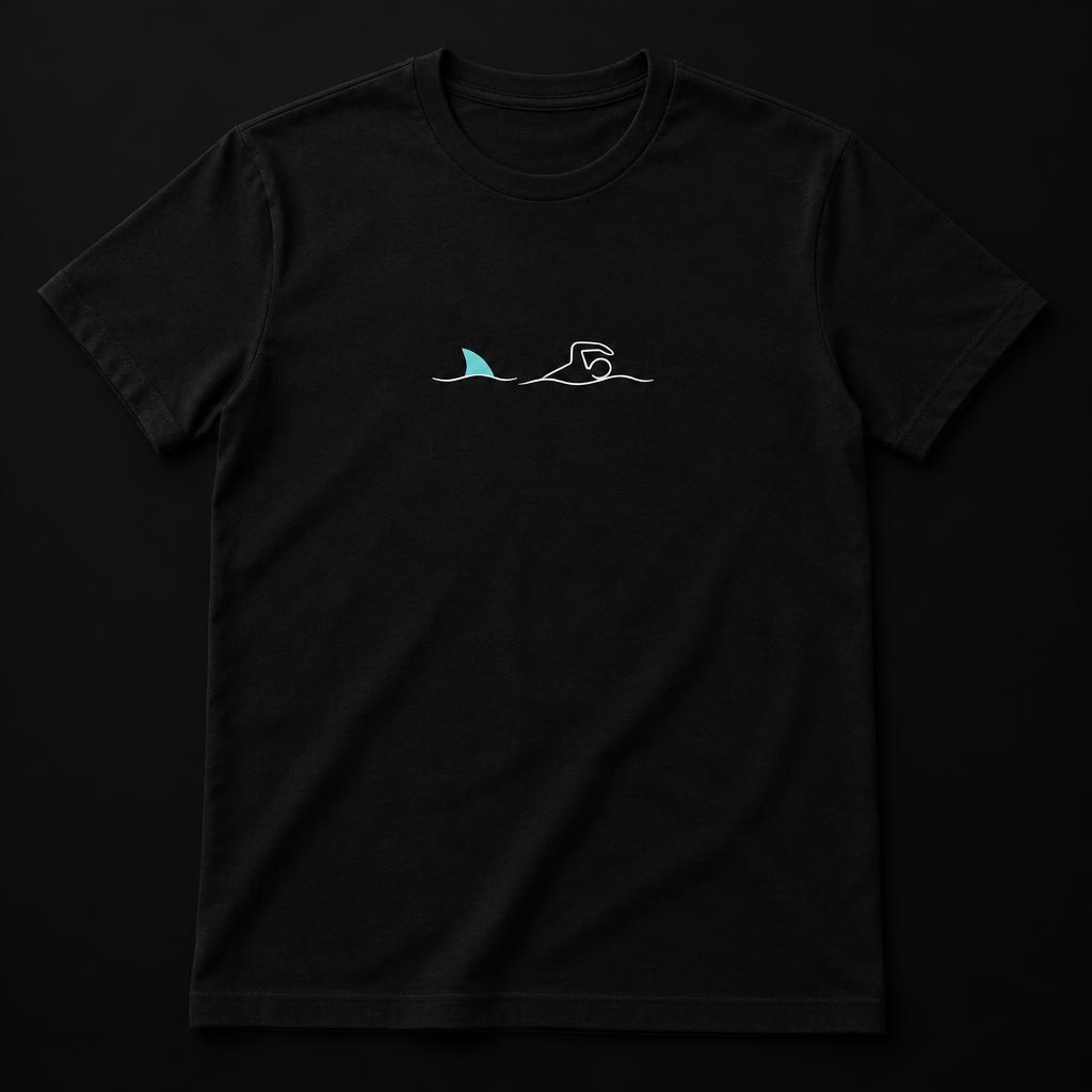 Swim PR tee with swimmer and aqua shark fin
